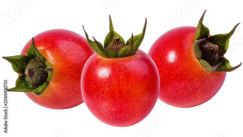 Tableau sur toile Three ripe red rose hips with green sepals