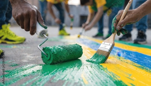Group of people painting a colorful mural on the ground with rollers and brushes