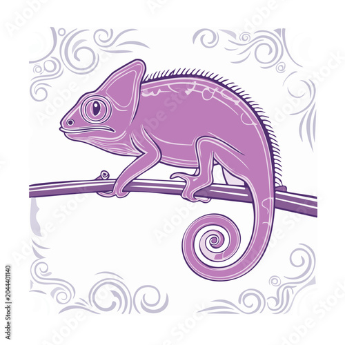 Purple chameleon illustration on a branch with decorative swirls
