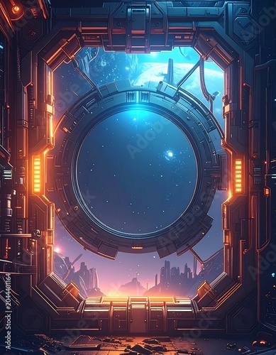 A futuristic, dimly lit interior space with a large circular portal