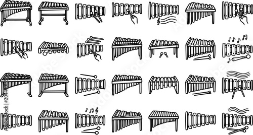 Foto Musical Instruments Black and White Line Art Icons: Hand-drawn Xylophone and Mal