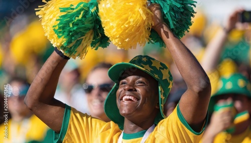 A joyful brazilian soccer fan cheering with green and yellow pompoms in a stadium crowd