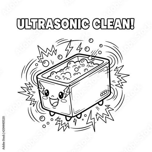 Cute ultrasonic cleaner mascot cleaning with bubbles, science laboratory equipment cartoon outline illustration for kids coloring book.