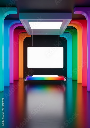 Colorful rainbow lit room with blank screen and modern design