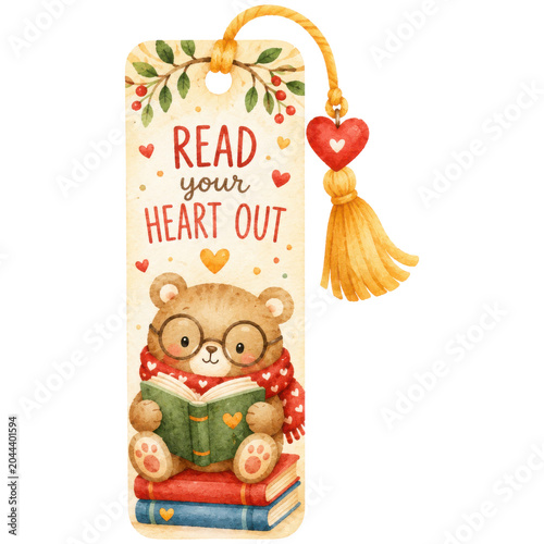 Bear Reading Bookmark Watercolor Clipart