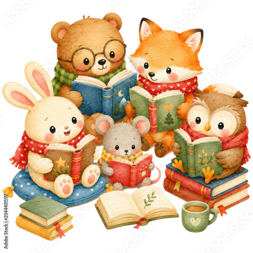 Cute Animal Reading Group Watercolor Clipart