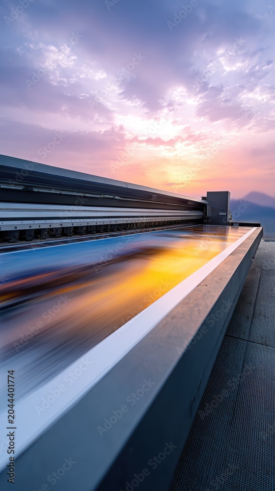Obraz premium Large format industrial printer outputting landscape photography during a dramatic sunset