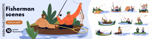 Fisherman set. People fishing from wooden and inflatable boats, river shore a...