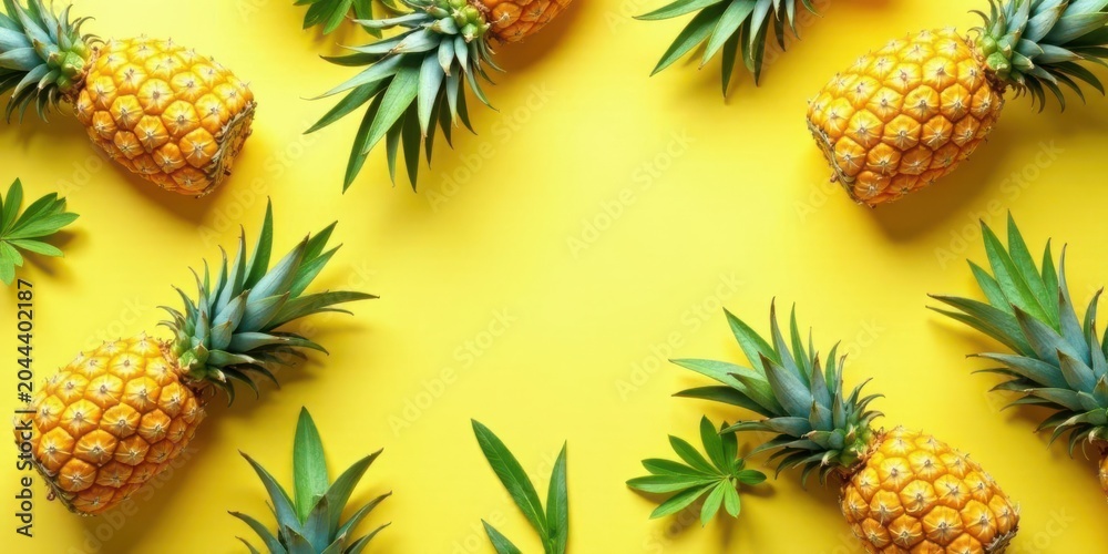 Fototapeta premium Vibrant Yellow Background Featuring Fresh Pineapples and Lush Green Foliage Arranged in a Symmetrical Pattern