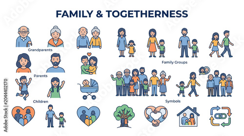 Quadro em tela Family and Togetherness Icons: Generations, Groups, Symbols of Love and Home
