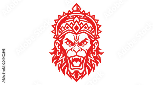 Cuadro en lienzo Red Hanuman Face Icon, Hindu God, Monkey Lord, Powerful Symbol, White Background