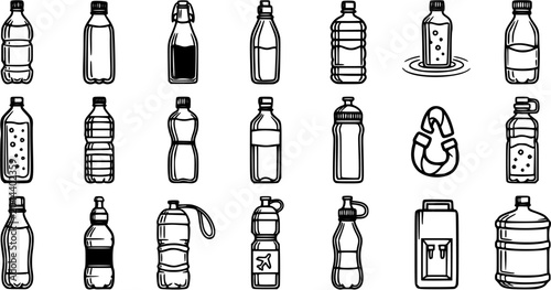 Fotografie Diverse Water and Beverage Bottle Black  White Line Art Icons Set
