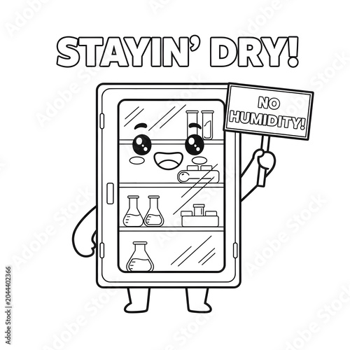 Cute desiccator cabinet mascot keeping things dry, science laboratory equipment cartoon outline illustration for kids coloring book.