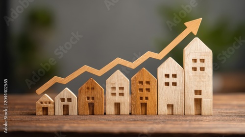 Rising real estate market prices and property growth concept with wooden house models and upward arrow