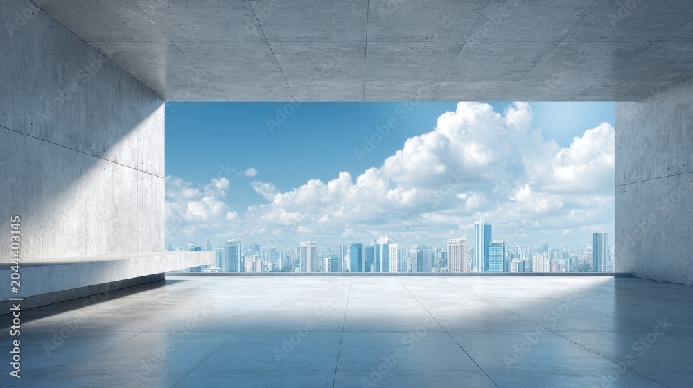 Fototapeta premium Modern concrete balcony overlooking city skyline. Architectural view of skyscraper from minimal interior space. Concept of urban lifestyle, business development and future city design.