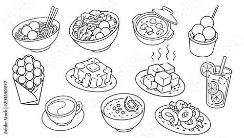 Hong Kong food vector line art set with dim sum, noodles, egg waffles, tofu, tea, dessert, and lemon drink icons. Hand drawn black outline Asian street food menu clipart for microstock design.