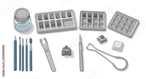 Schilderij op canvas Mechanical keyboard assembly tools and key switches in isometric style