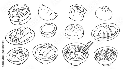 Foto Hong Kong food menu vector line art with dim sum, dumplings, noodles, rice, buns