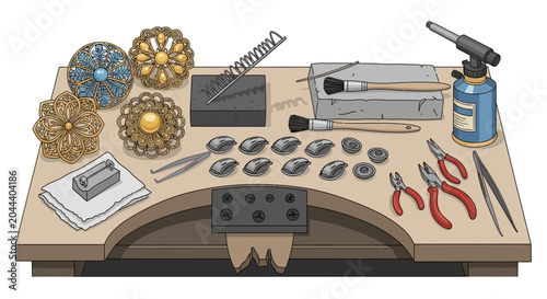 Fotografie Intricate jewelry crafting tools and materials on workbench for detailed metalwo