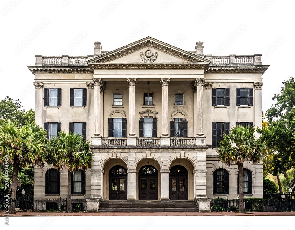 Obraz premium A large, beige-colored, symmetrical building with a triangular pediment and columns
