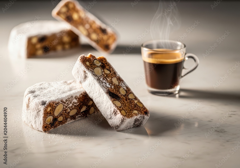 Naklejka premium Panforte di siena with almonds and espresso on a marble surface