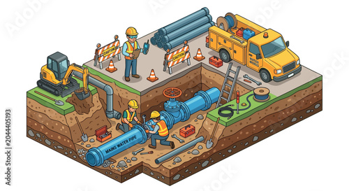 Isometric Illustration Of Construction Site With Workers And Waterworks