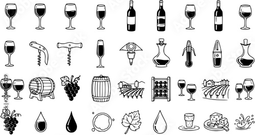 Bild auf Leinwand Black and White Line Art Icons of Wine Objects: Glasses, Bottles, Grapes, Barrel