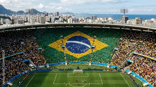 Brazilian fans create a giant flag mosaic in a packed stadium during a sporting event