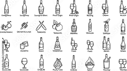 Bild auf Leinwand Black and White Line Art Icons of Wine Bottles and Glasses for Beverage Industry