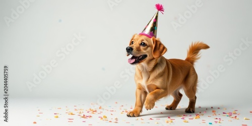 A cheerful, light brown canine wearing a festive party hat joyfully prances amidst a scattering of colorful confetti, celebrating a joyous occasion.