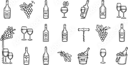 Foto Black and White Line Art Icons of Wine: Bottles, Grapes, Glasses, Corkscrew, Ice