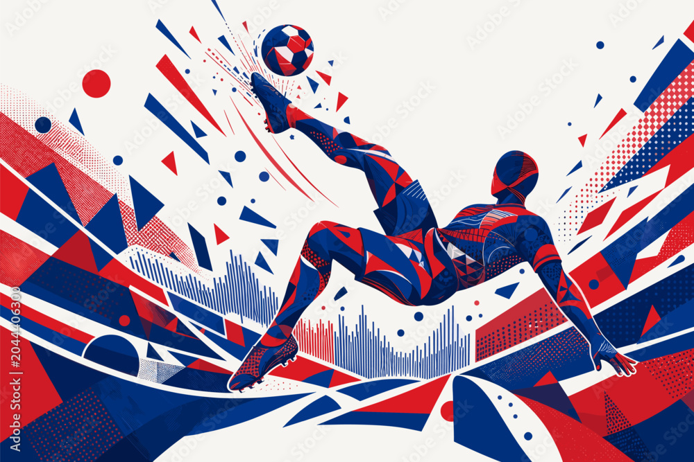 Naklejka premium Haiti soccer player performing an aerial bicycle kick in a dynamic geometric poster design. Haiti national football team wallpaper, banner, background.