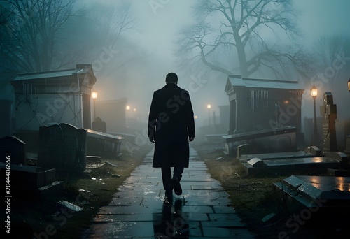 Man in Black Trench Coat Walking Through Foggy Graveyard at Night with Wet Path and Dim Streetlamps