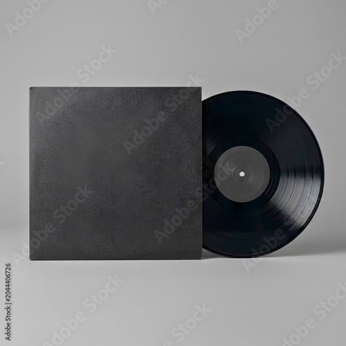 Blank black vinyl record with textured jacket mockup - Minimalist retro music album - Presentation cover template