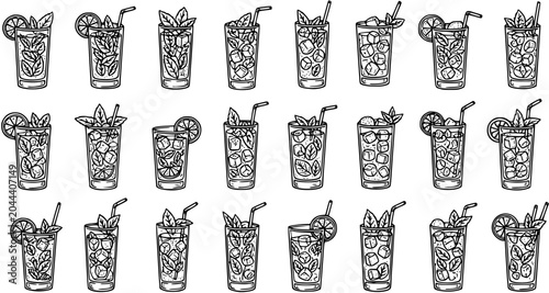 Quadro su tela Hand-drawn Black  White Line Art Sketch Collection of Refreshing Summer Cocktail
