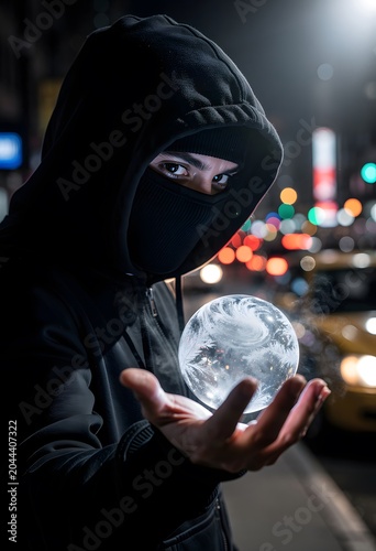 Mysterious Person in Black Hoodie and Mask Holding a Glowing Frost Crystal Ball on a Night City Street