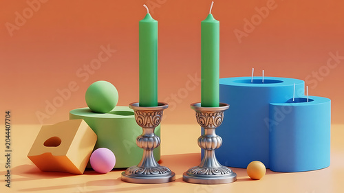 Two tall green taper candles in ornate silver candlesticks, isolated on transparent background 