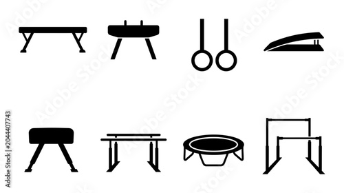 Schilderij op canvas Gymnastics equipment icon set vault, rings, bars, trampoline, pommel horse, whit