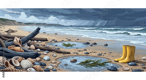 Photos Stormy beach scene with driftwood, shells, and yellow boots