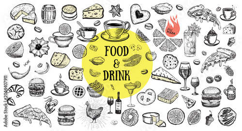 Food and drink set on white, hand drawn	
