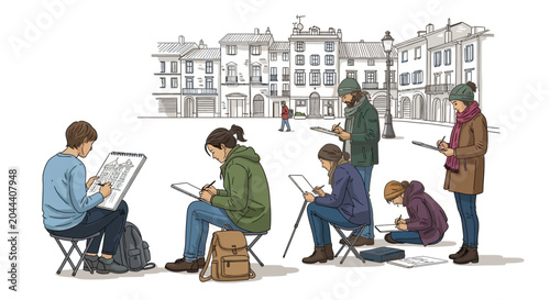 Εκτύπωση καμβά Artists sketching urban square scene with historic buildings in background