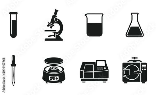 Cuadro en lienzo Science laboratory icon set microscope, beaker, flask, test tube, pipette, outli