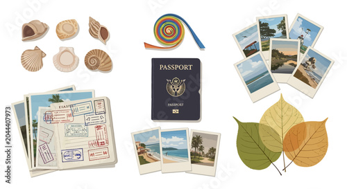 Foto Traveler's collection with passport, polaroids, and natural elements for creativ