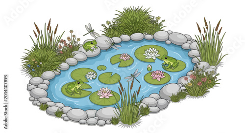 Fotografía Serene garden pond with frogs, lily pads, and dragonflies in a detailed nature s