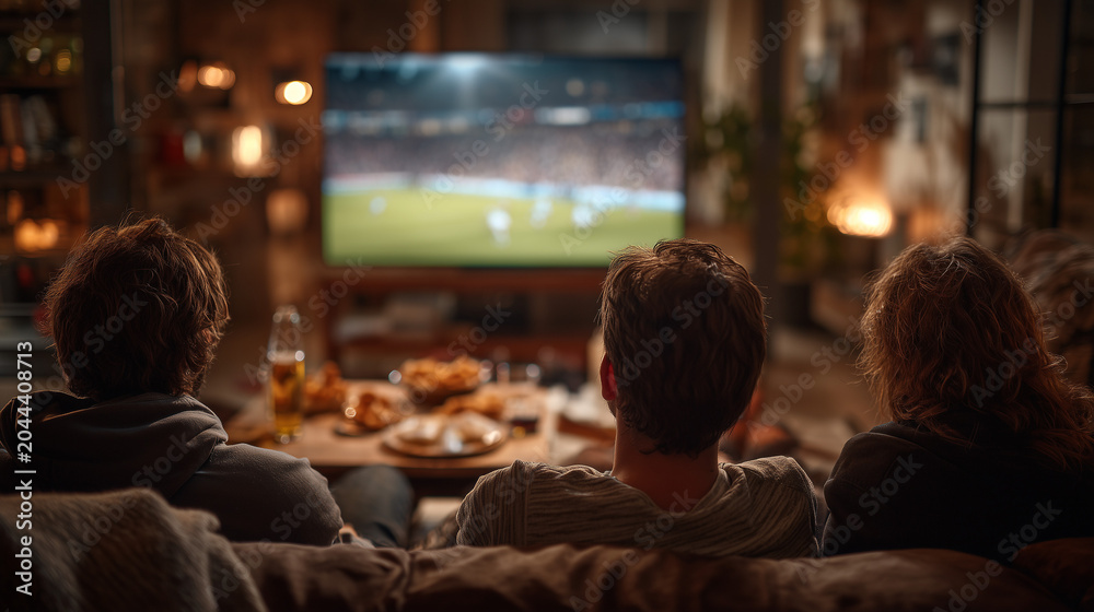 Fototapeta premium friends watching a soccer football match on tv together at home in a cozy living room