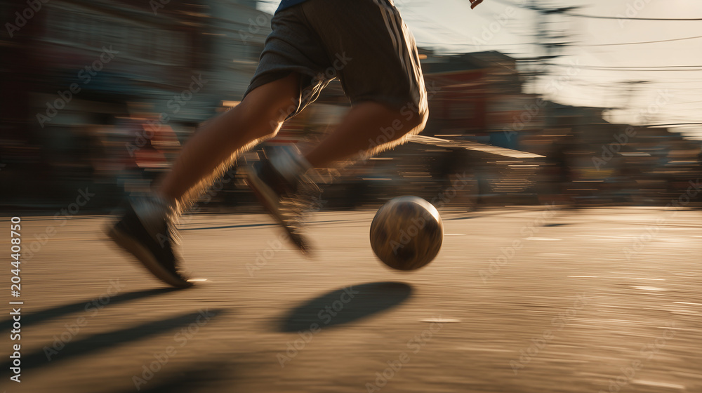 Fototapeta premium a person playing street soccer on an asphalt road during golden hour sunset, Dynamic motion blur soccer football