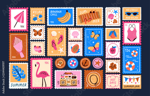 Summer holiday stamps, postal marks set. Sea resort and beach vacation post c...