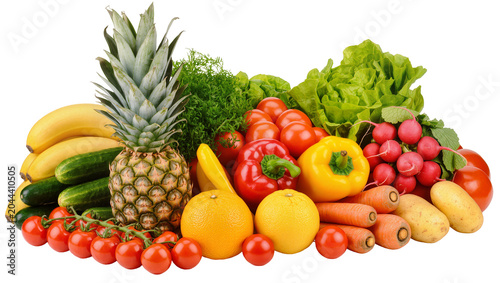 Fresh fruits and vegetables assortment pineapple bananas oranges tomatoes cucumbers carrots bell peppers radishes lettuce, potatoes