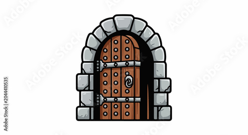 A rustic, arched stone gateway with a heavy wooden door