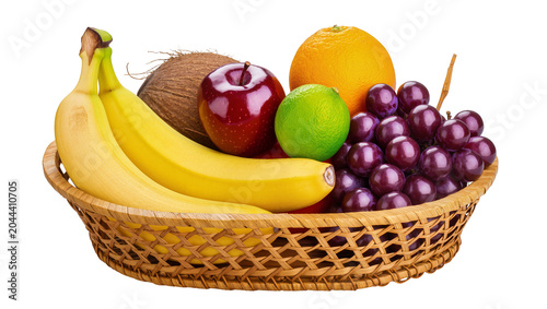 Canvas Print Wicker basket filled with assorted fresh fruits bananas apple orange lime grapes